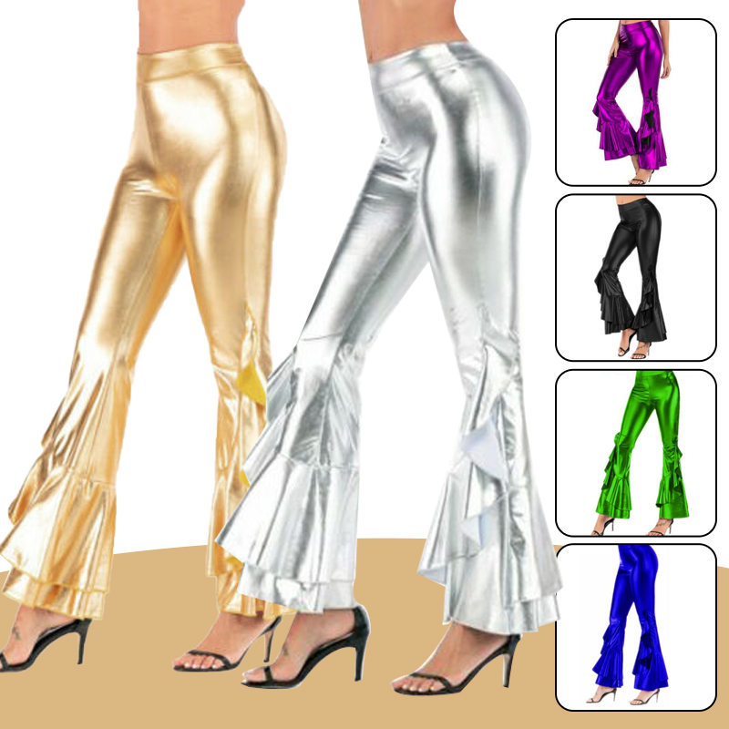 Women Shiny Flare Trousers Met - Wide Leg Trouser 70S ulasan dan harga