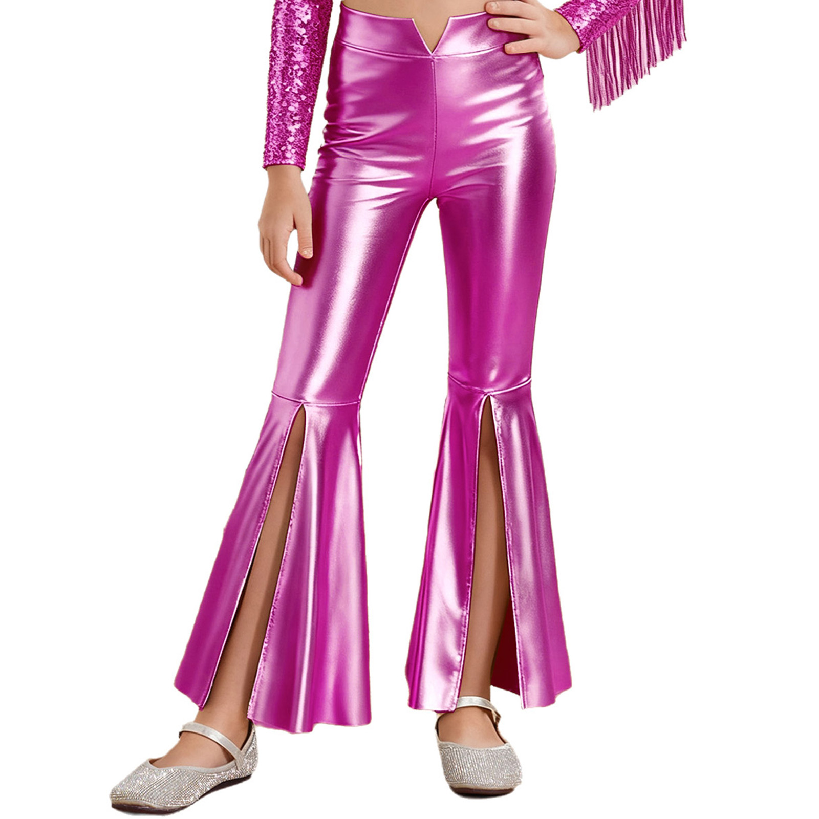 Girls Glossy Metallic Leggings - Wide Leg Trouser 70S ulasan dan harga